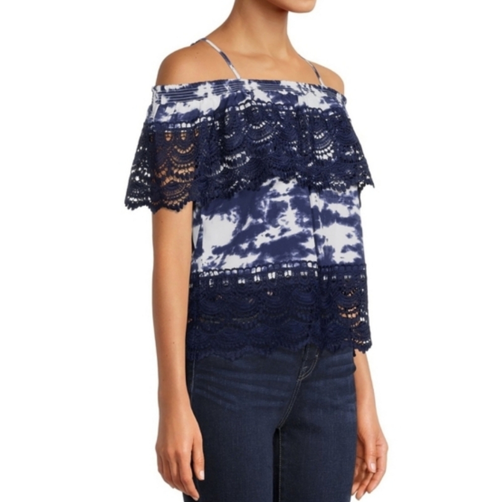 No Boundaries Top Women Small Blue Off The Shoulder Ruffle Lace Adjustable Strap